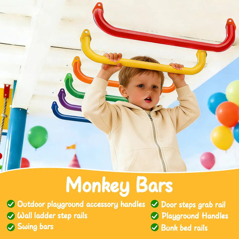 Child using Six Colors 17.1 Inch Indoor Monkey Bars Handles Set 6 Pack Kid Friendly One Inch Diameter For Indoor Outdoor Playgrounds.