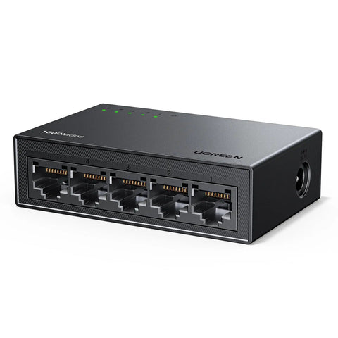 UGREEN Ethernet Switch, 5 Port Gigabit Ethernet Splitter, Plug & Play, Wall Mount & Desktop Network Switch Hub, black exterior view