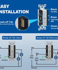 Installation guide for Dual Rocker Decorator Light Switch In Wall Paddle Style Space Saving Dual Single Pole Control Self Grounding On Off Interrupter 15 Amp 120 Volt UL Listed White 1 Pack showing break-off tab feature and wiring details.