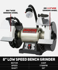 8 Inch Low Speed Bench Grinder With Three Quarter HP Induction Motor And 1750 RPM For Smooth Wobble Free Grinding And CBN