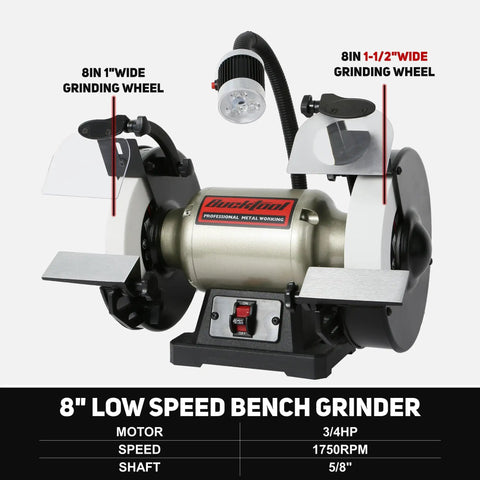 8 Inch Low Speed Bench Grinder With Three Quarter HP Induction Motor And 1750 RPM For Smooth Wobble Free Grinding And CBN