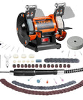 Bench Top Buffer Polisher And Grinder For Metal Jewelry Wood Jade Plastic And Silver DIY Projects With 3590 RPM Pro Grade Three Polishing Wheels Wool Wheel And Abrasive Fiber Wheel Brushless Motor For Low Noise And Maintenance Free Performance with accessories displayed