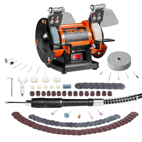 Bench Top Buffer Polisher And Grinder For Metal Jewelry Wood Jade Plastic And Silver DIY Projects With 3590 RPM Pro Grade Three Polishing Wheels Wool Wheel And Abrasive Fiber Wheel Brushless Motor For Low Noise And Maintenance Free Performance with accessories displayed