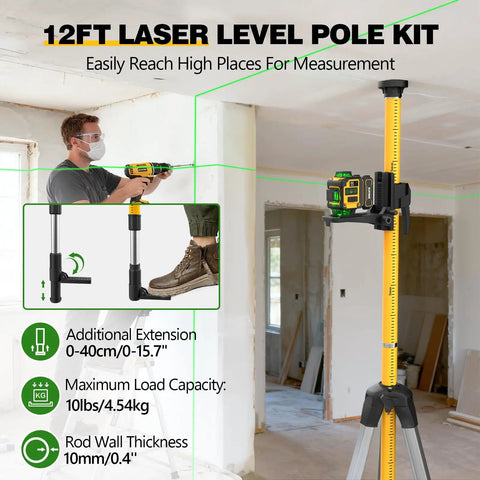 12ft laser level pole kit setup in a room with 16 Line Laser Level With Self Leveling 360 Degree Green Lasers on wall