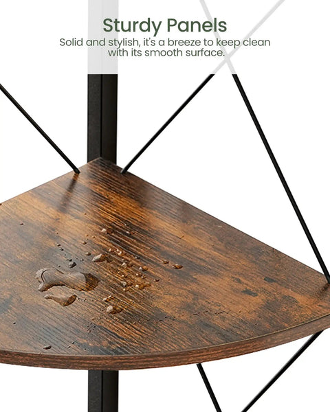 Close-up of rustic brown panel on the Space Saving Five Tier Corner Shelf With Industrial Edge Tall 59.4 Inch Plant Display Stand And Bookcase.