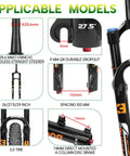 Diagram of Beefy 140mm MTB Front Fork With 34mm Stanchions For 26 27.5 29 Inch Wheels, showing dimensions and features.