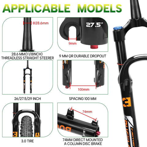 Diagram of Beefy 140mm MTB Front Fork With 34mm Stanchions For 26 27.5 29 Inch Wheels, showing dimensions and features.