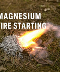 Emergency Fire Starter Kit With 6 Magnesium Shaving Packs And Waterproof Windproof Matches In A Metal Tin For Camping Hiking Survival And Prepper Gear displaying igniting magnesium shavings outdoors