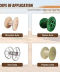 Heavy Duty Wire Reel Roller Stand Unwinder And Dispenser, showing wooden, nylon, iron, and plastic axles for reels