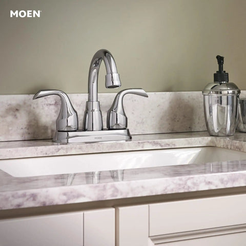 Idora Chrome Two Handle Centerset Bathroom Sink Faucet With Drain Assembly High Arc Spout 4 Inch Centerset Easy Install in a modern bathroom