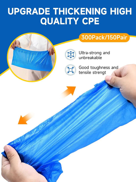 Person stretching extra-large Disposable Shoe Covers Non Slip Blue Plastic Booties For Indoor Use Pack Of 300 Waterproof