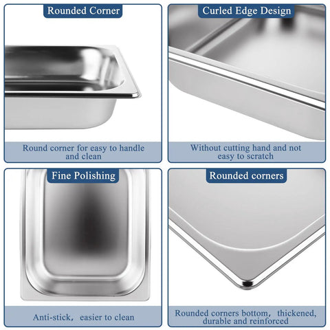Six Pack Half Size Stainless Steel Hotel Pans 13 X 10.6 X 2.56 Inch 4.3 Quart Capacity Durable 201 Stainless Easy To Clean Ideal