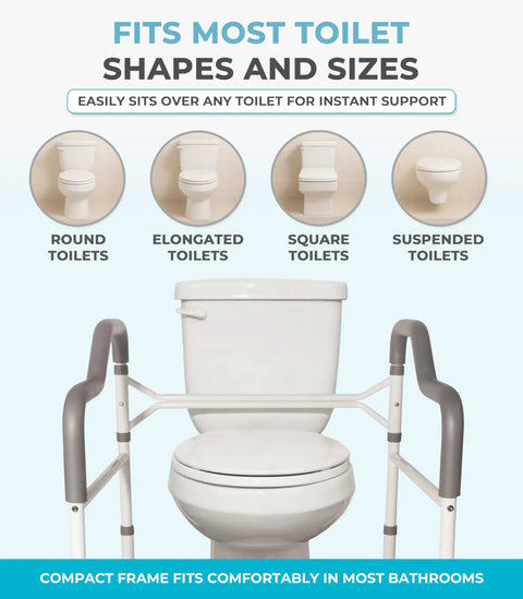 Sturdy Toilet Safety Rails For Seniors Offering Beefy Support With Plush Arm Grips And Solid Footrest fits round, elongated, square, and suspended toilets.