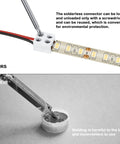 25 Pack Solderless 2 Pin LED Tape Light Connectors Screw Down Terminal Block Tape To Wire For 5V 12V 24V White Single Color Strip Lights 8mm High Current Up To 6A, showing comparison with soldering method.
