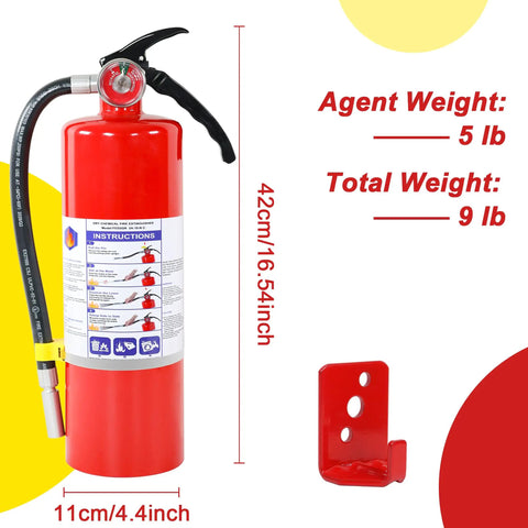 Heavy Duty 5 Lb Abc Dry Chemical Fire Extinguisher With Wall Mount, red canister showing weight specs and instructions.