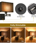 Swing Arm Wall Lamp With Dimmer And USB Port Wall Sconce Black Fabric Shade For Bedroom Living Room And Nurse Room Creates Cozy Mystical Atmosphere With Plug In Cord, showcasing dimmer and USB features.