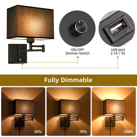 Swing Arm Wall Lamp With Dimmer And USB Port Wall Sconce Black Fabric Shade For Bedroom Living Room And Nurse Room Creates Cozy Mystical Atmosphere With Plug In Cord, showcasing dimmer and USB features.