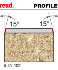 Diagram showing 15-degree bevel profile achieved by Laminate Bevel Trim Router Bit on laminate edge with specifications.