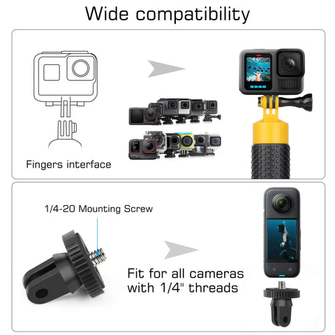 Wide compatibility diagram for Floating Hand Grip With Mini Tripod Stand For Action Cameras Waterproof Pole Mount Underwater Monopod