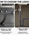 Expandable One And A Half Inch Flexible Sink Drain Kit With P Trap Adjustable From 7.5 To 17.7 Inches Drain Pipe For Kitchen And Bathroom Sinks Durable ABS And Rubber Build Includes Gaskets And Adapter Do It Yourself Friendly Install visible in kitchen setup with adjustable length for tight or spacious environments.