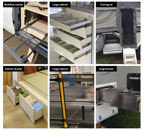 Heavy Duty Full Extension Drawer Slides Equipped With Smooth As Silk Ball Bearings And Built Different Steel Tracks For Quiet Cabinet Gliding And Heavy Lifting Power in various setups.