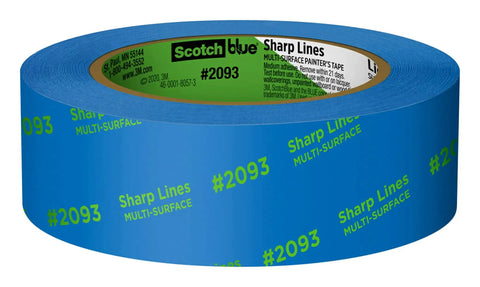 Sharp Lines Multi Surface Painter Tape For Pro Grade Clean Edges On Walls Trim Tile And Glass One Point Four One Inch By Sixty Yard Six Roll Pack Blue Edge Lock Technology Easy Twenty One Day Removal Indoor And Outdoor Use, showing roll of blue painter's tape.