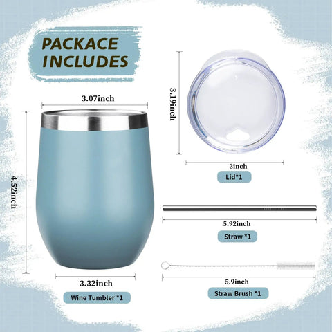 Package includes 12oz Double Wall Vacuum Insulated Stemless Wine Tumbler With Straw And Lid Stainless Steel Cup and accessories.