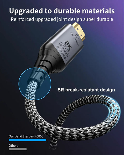 Pro Grade 23 Foot Active Fiber Optic Hdmi 2.1 Cable Delivers 48Gbps Speed For Crisp 8K At 60Hz And 4K At 120Hz Streams Plus Dynamic HDR Earc Support For Ps5 Xbox Pc And Home Theater Setup With A Heavy Duty Braided Jacket showing reinforced joint design and braided jacket.