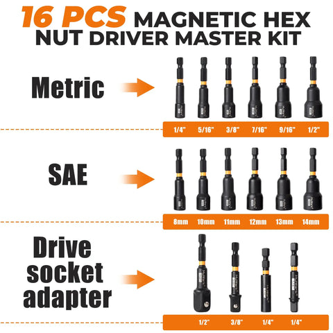 Magnetic 16 Piece Nut Driver Set For Impact Drill And Driver With Deep Quarter Inch Hex Shank Must Have Socket Adapters
