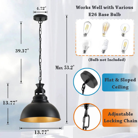 Farmhouse Pendant Light 13.77 Inch Matte Black With Gold Interior Vintage Industrial Ceiling Fixture dimensions and features