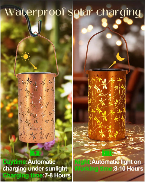 Dragonfly Solar Lantern Outdoor Decor For Patio And Garden, Waterproof Metal Hanging Light With LED Warm Glow, 1 Pack
