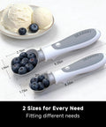 Rechargeable Heated Ice Cream Scoop With On Off Safety Lock Switch Dual Temp Warming Modes Ergonomic Handle Electric Kitchen Tool For Gelato Frozen Yogurt Sorbet And More showing two sizes, white with ergonomic handle, scoop filled with blueberries.