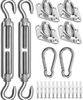 DIY Friendly Heavy Duty Sun Shade Sail Hardware Kit In 304 Stainless Steel For Garden Rectangular And Triangular Shade Sails Canopy Installation Awning Attachment Set With Reliable Fixing Accessories, showing turnbuckles, pad eyes, carabiners, and screws in shiny stainless steel.