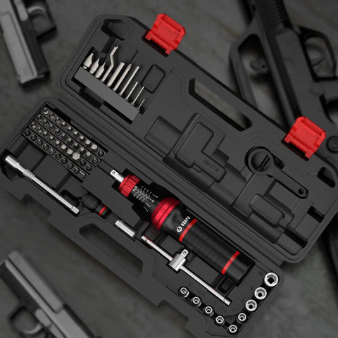 Torque Screwdriver Set 10 To 80 Inch Pounds With 64 Piece Gunsmith Kit in black case with bits and handle visible.