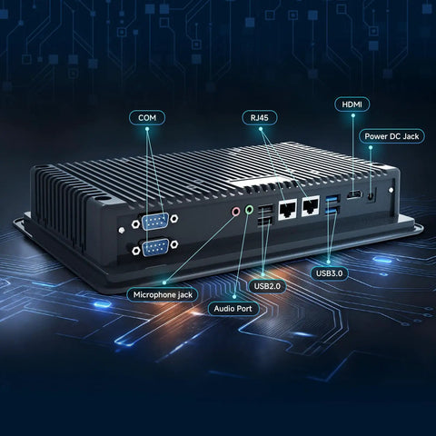 Built Like A Tank 10.1 Inch Industrial Panel PC connectors including USB, HDMI, RS232 ports for versatile connectivity.