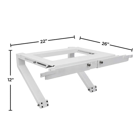 Universal Heavy Duty Window Air Conditioner Mounting Bracket No Tools Required No Drilling Easy Inside Install Holds Up To 225 Lbs Rustproof White Finish, displaying dimensions 22x26x12 inches