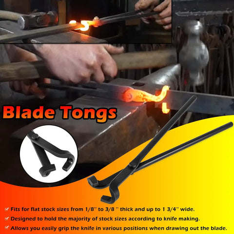 Pro Grade Knife Making Tongs Set And Blacksmith Hammer 5 Piece Forge Tools Kit For Bladesmiths with V Bit Tongs in use on anvil.
