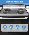 Upgrade Your White Appliance Door Handle End Caps 2-Pack For Ge Ranges. Fits Hotpoint Stoves And Replaces Ah256619 Plus Ea256619 In Premium White Color. Universal Oven Repair Kit For Both Left And Right Sides. White oven handle end caps on black GE range front, 2-pack plastic replacement.
