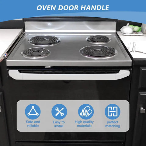 Upgrade Your White Appliance Door Handle End Caps 2-Pack For Ge Ranges. Fits Hotpoint Stoves And Replaces Ah256619 Plus Ea256619 In Premium White Color. Universal Oven Repair Kit For Both Left And Right Sides. White oven handle end caps on black GE range front, 2-pack plastic replacement.