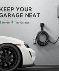 Heavy Duty Stainless Steel EV Charger Holder For J1772 Connectors mounted on wall holding cable, organized near car.