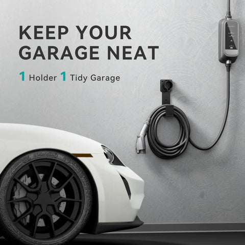 Heavy Duty Stainless Steel EV Charger Holder For J1772 Connectors mounted on wall holding cable, organized near car.