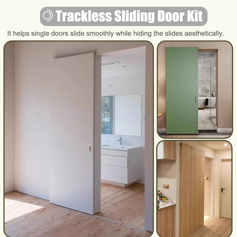 Trackless Barn Door Hardware Kit With Silent Rollers Glides Like Butter smooth installation in modern closet and bathroom settings.