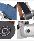 Close-up views of 800W Professional Electric Tube Pipe Belt Polisher Sander Machine showing sanding belt and adjustable parts.
