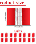 Set Of 16 Clear Self Adhesive Plastic Hinges 35x25mm displayed against red background, showing hinge size with measurements.