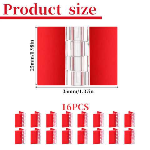 Set Of 16 Clear Self Adhesive Plastic Hinges 35x25mm displayed against red background, showing hinge size with measurements.
