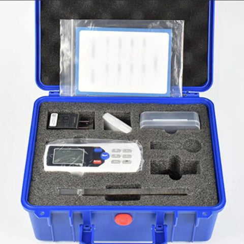 Handheld Surface Roughness Tester With LCD Display And Diamond Probe, 0.001 Micron Precision Profilometer For Metal Surfaces, Rechargeable, Pro-Grade Readouts For Planes, External, Bore, Grooves, And Tapered Surfaces in blue case