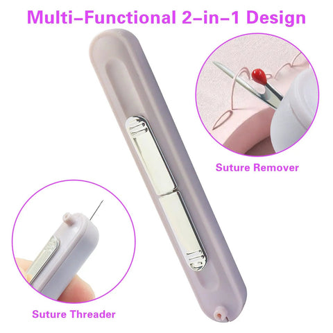 Close-up of purple 2 Pack 2 in 1 Automatic Needle Threaders and Seam Ripper Set showing dual functionality in sewing kit