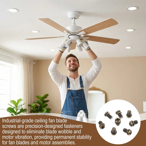 Man installing a ceiling fan using Rock Solid 30 Piece Full Replacement Ceiling Fan Blade Screws With 1/4-20 Threading And Premium Bronze Pan Heads.