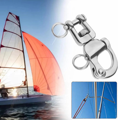 Four Pack Snap Shackle for Sailing Halyard and Rigging, 316 Stainless Steel Clevis Swivel Jaw Quick Release Hooks with sailboat in background
