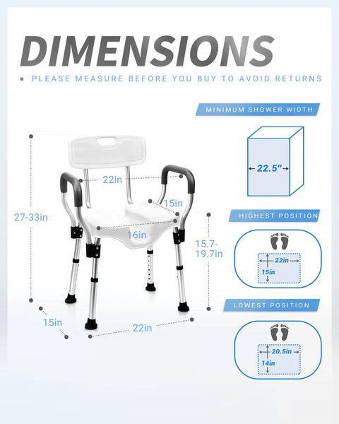 Heavy Duty Shower Chair With Back And Arms For Inside Showers, Non Slip Aluminum Bath Seat With Wall Mount Handle, Ideal For Handicap And Elderly, Includes Bath Ball, 330 Lb Capacity